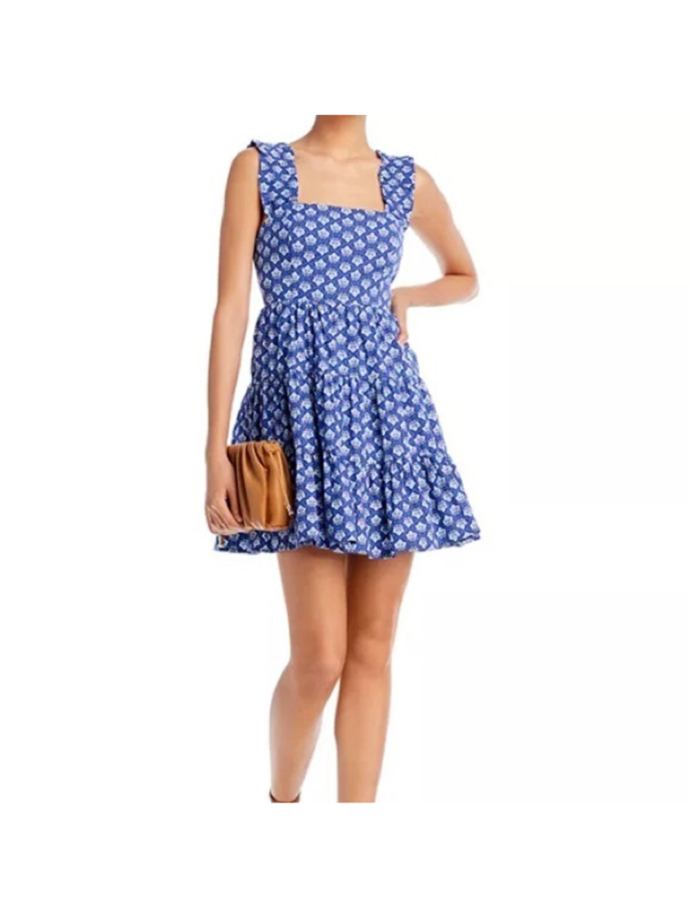 Aqua Blue Tile Print Tiered Dress Poplin Womens Small S 100% Cotton Vacation
